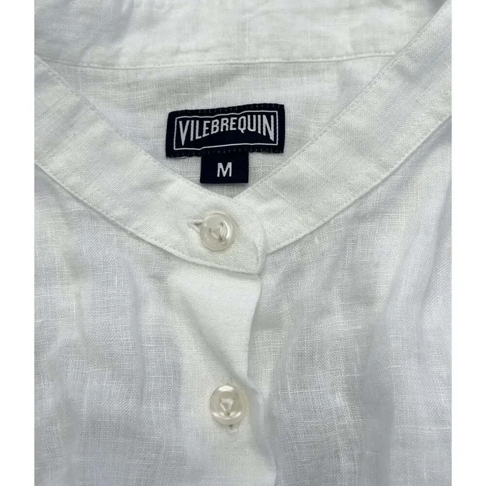 Vilebrequin White Blue Linen Long Sleeve Shirt Dress Size Medium